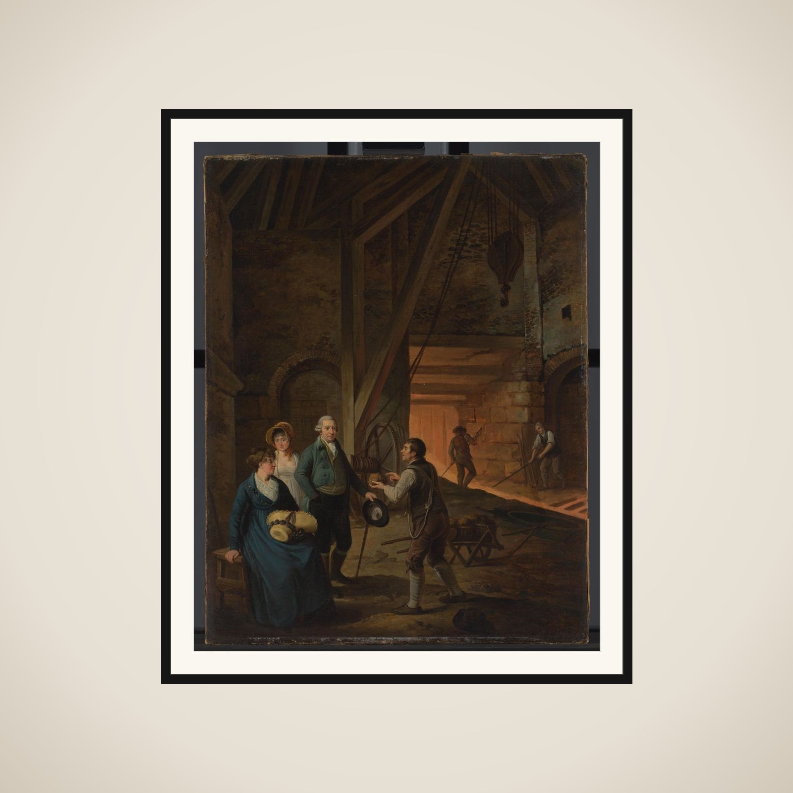 Jan Daniël Huichelbos van Liender, Petronella van Liender and Adriana Reepmaker in an English Iron Foundry framed