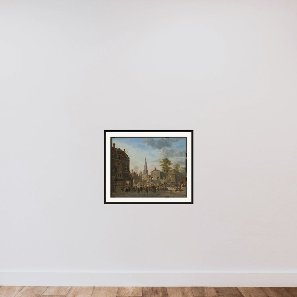 A town square with a fair framed — shown to scale