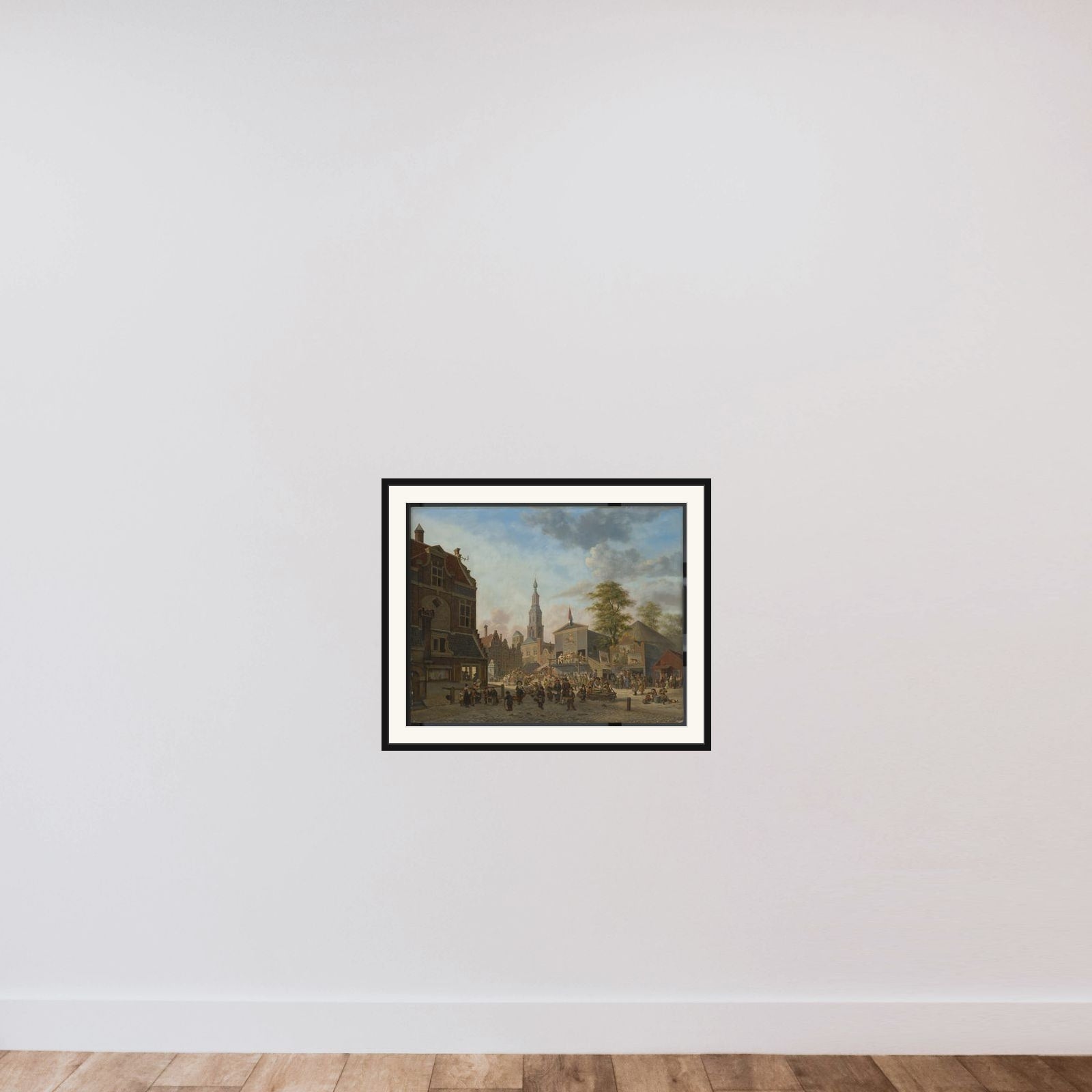 A town square with a fair framed — shown to scale