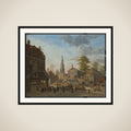 A town square with a fair framed