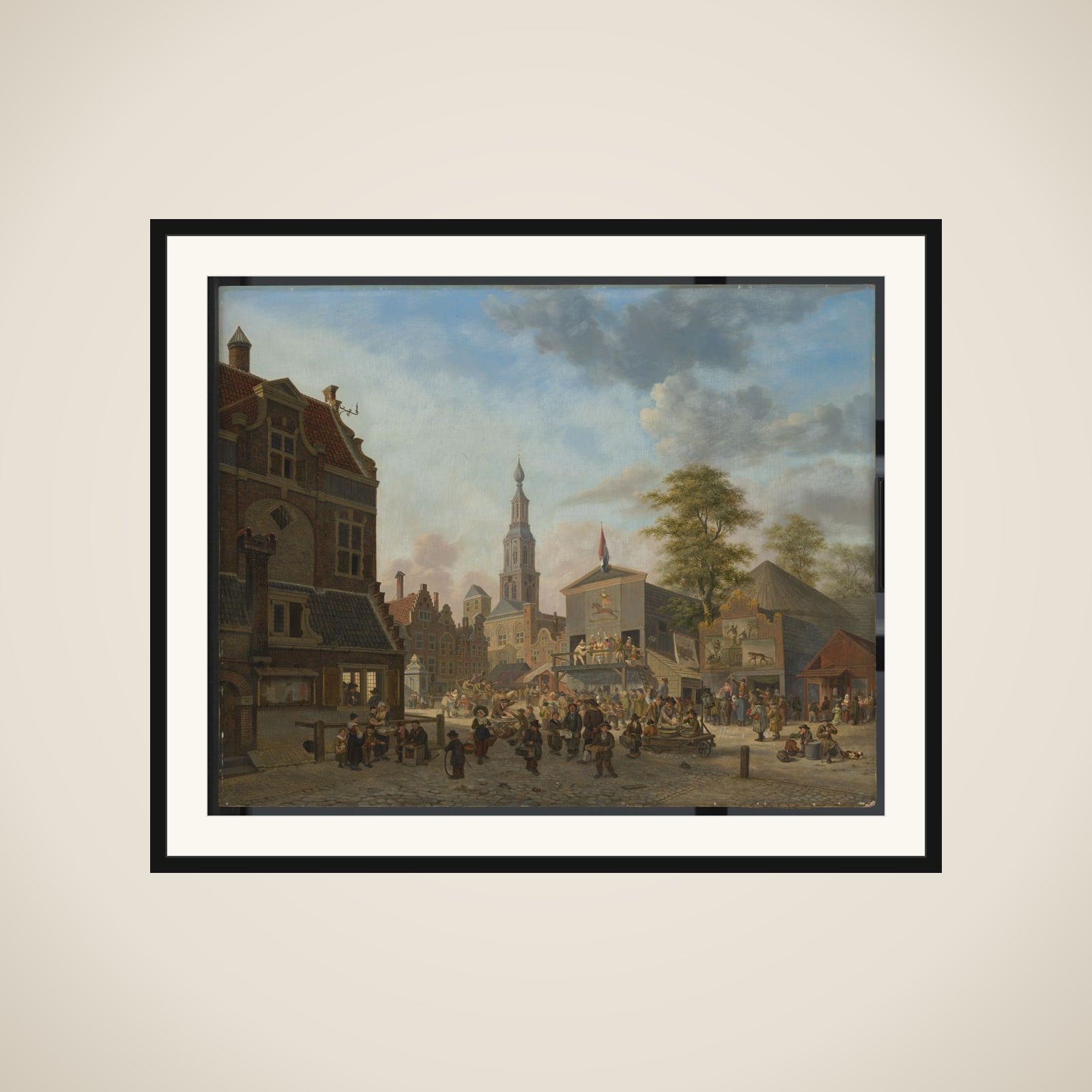 A town square with a fair framed