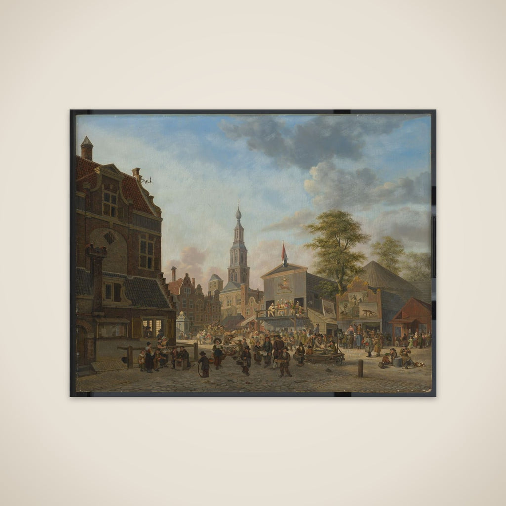 A town square with a fair unframed print