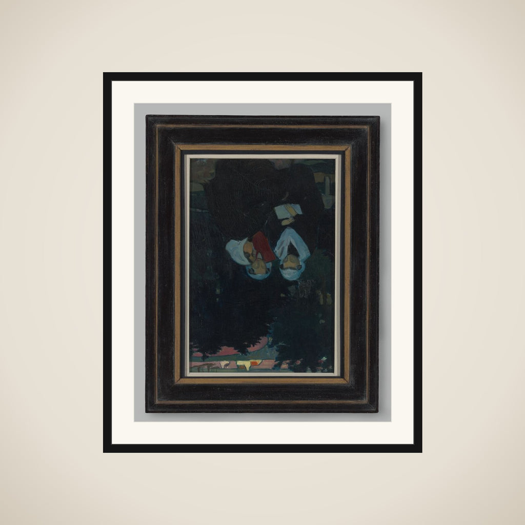 Drie lezende vrouwen in een tuin framed