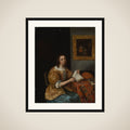 Zittende vrouw in het geel met bladmuziek in de hand, naast haar een luit op de tafel framed