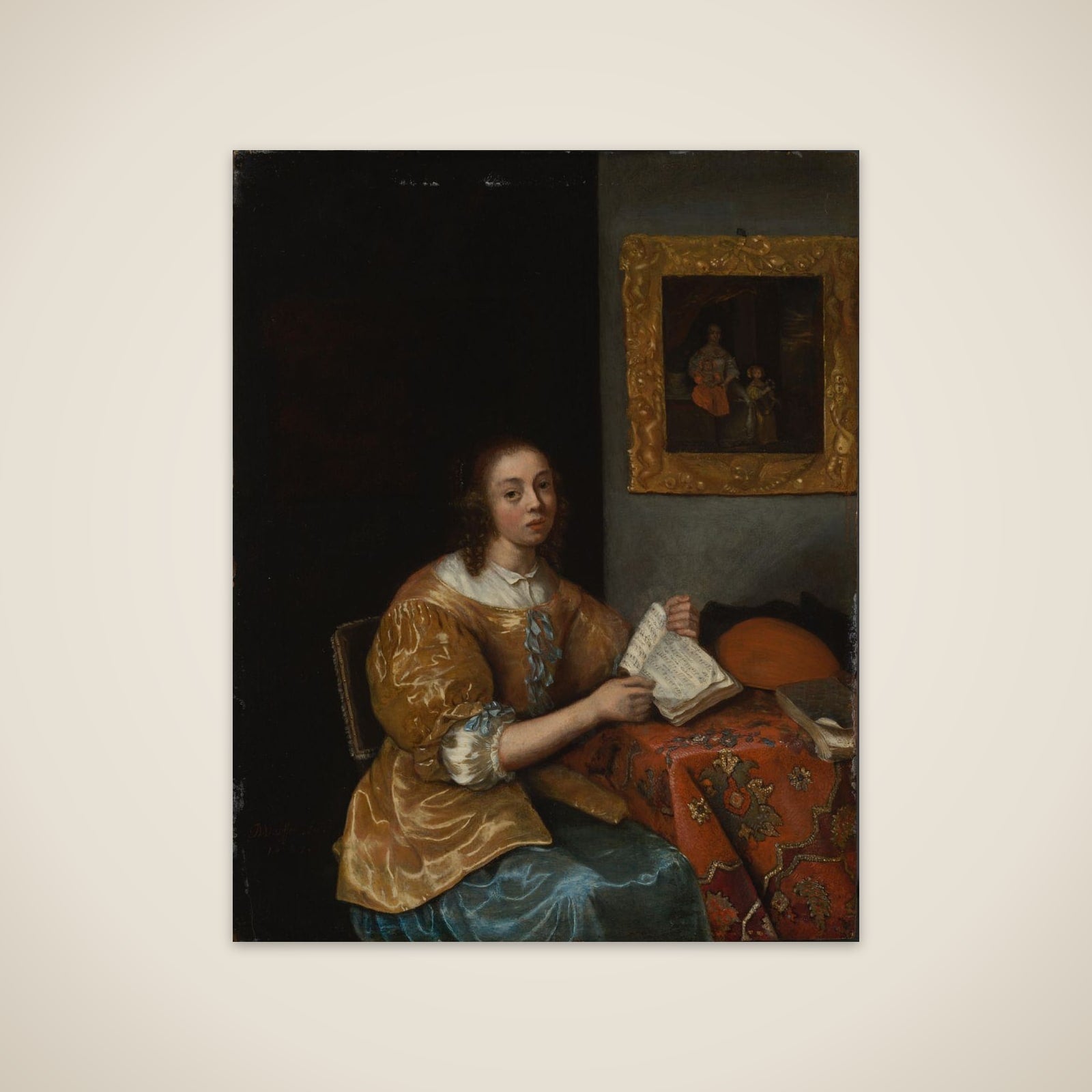 Zittende vrouw in het geel met bladmuziek in de hand, naast haar een luit op de tafel unframed print