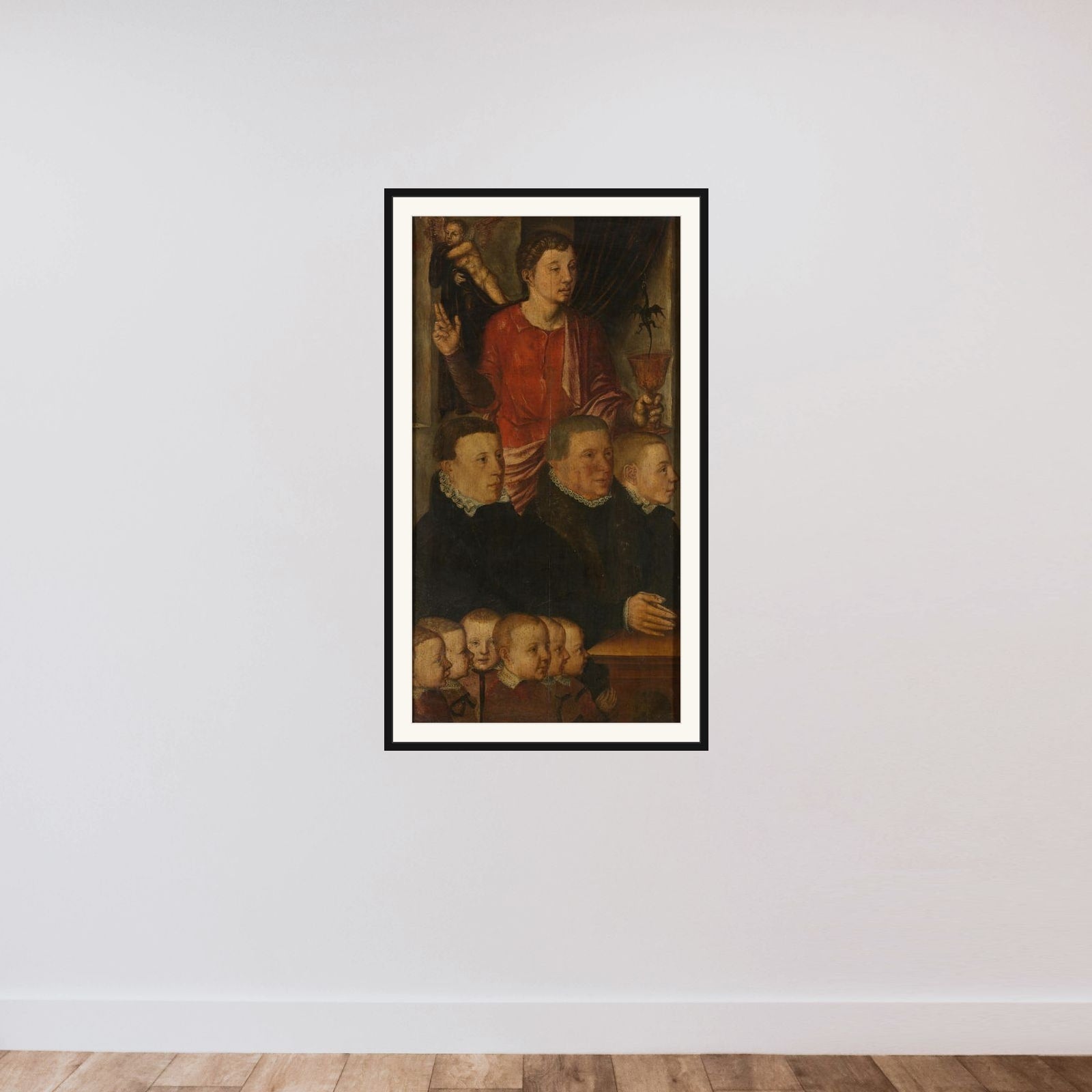 Left wing of a Memorial Triptych, formerly called the Gertz Memorial Triptych, with nine male Donor Portraits with Saint John the Evangelist (inner), and Saint Peter (outer) framed — shown to scale