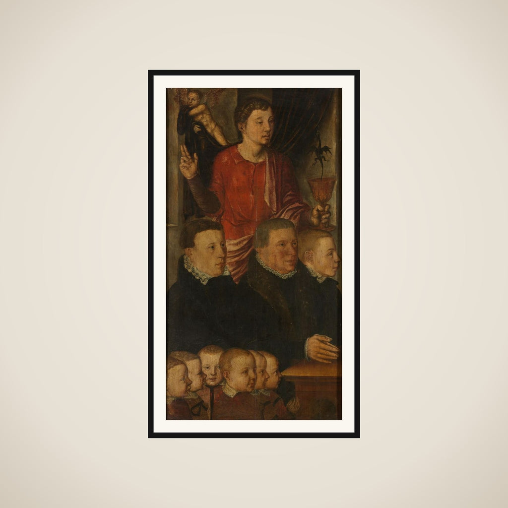 Left wing of a Memorial Triptych, formerly called the Gertz Memorial Triptych, with nine male Donor Portraits with Saint John the Evangelist (inner), and Saint Peter (outer) framed