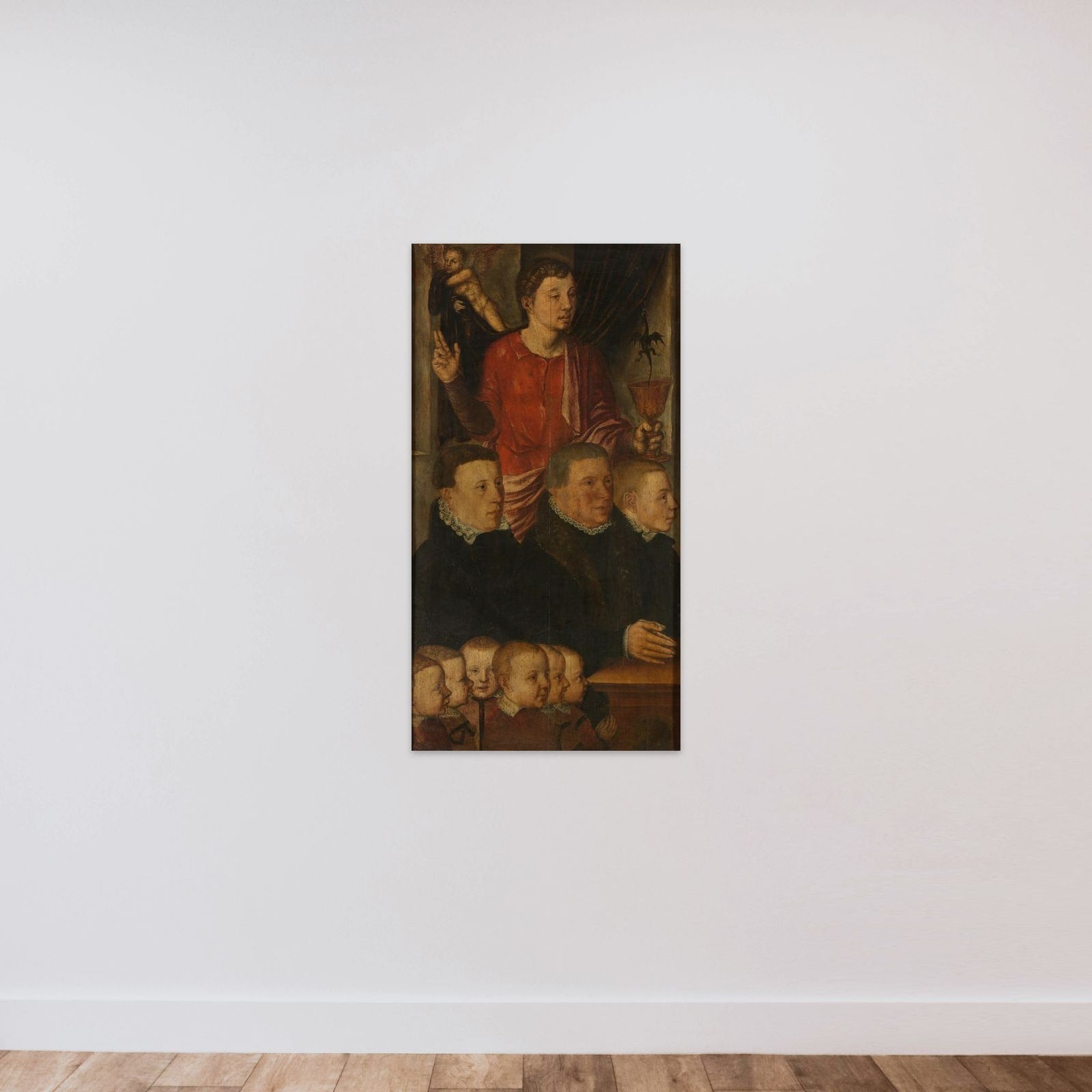 Left wing of a Memorial Triptych, formerly called the Gertz Memorial Triptych, with nine male Donor Portraits with Saint John the Evangelist (inner), and Saint Peter (outer) unframed — shown to scale