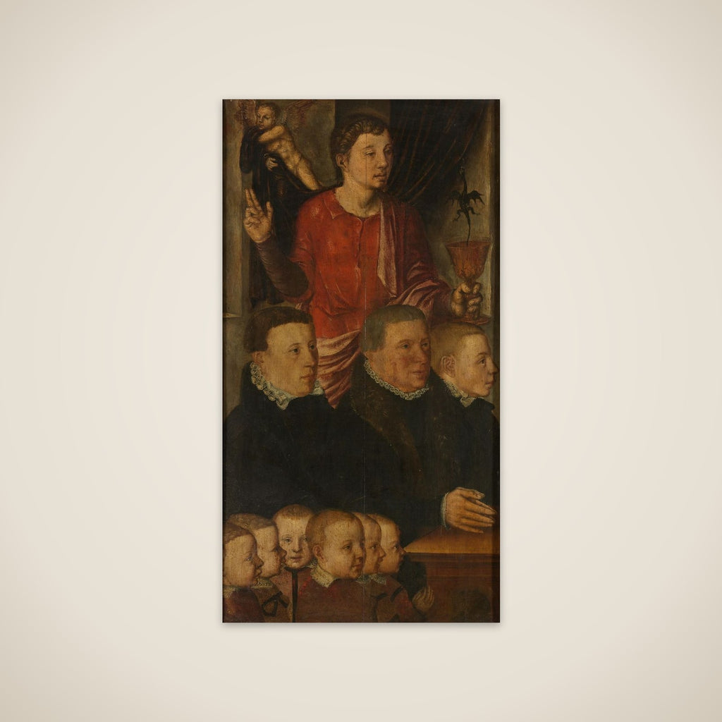 Left wing of a Memorial Triptych, formerly called the Gertz Memorial Triptych, with nine male Donor Portraits with Saint John the Evangelist (inner), and Saint Peter (outer) unframed print