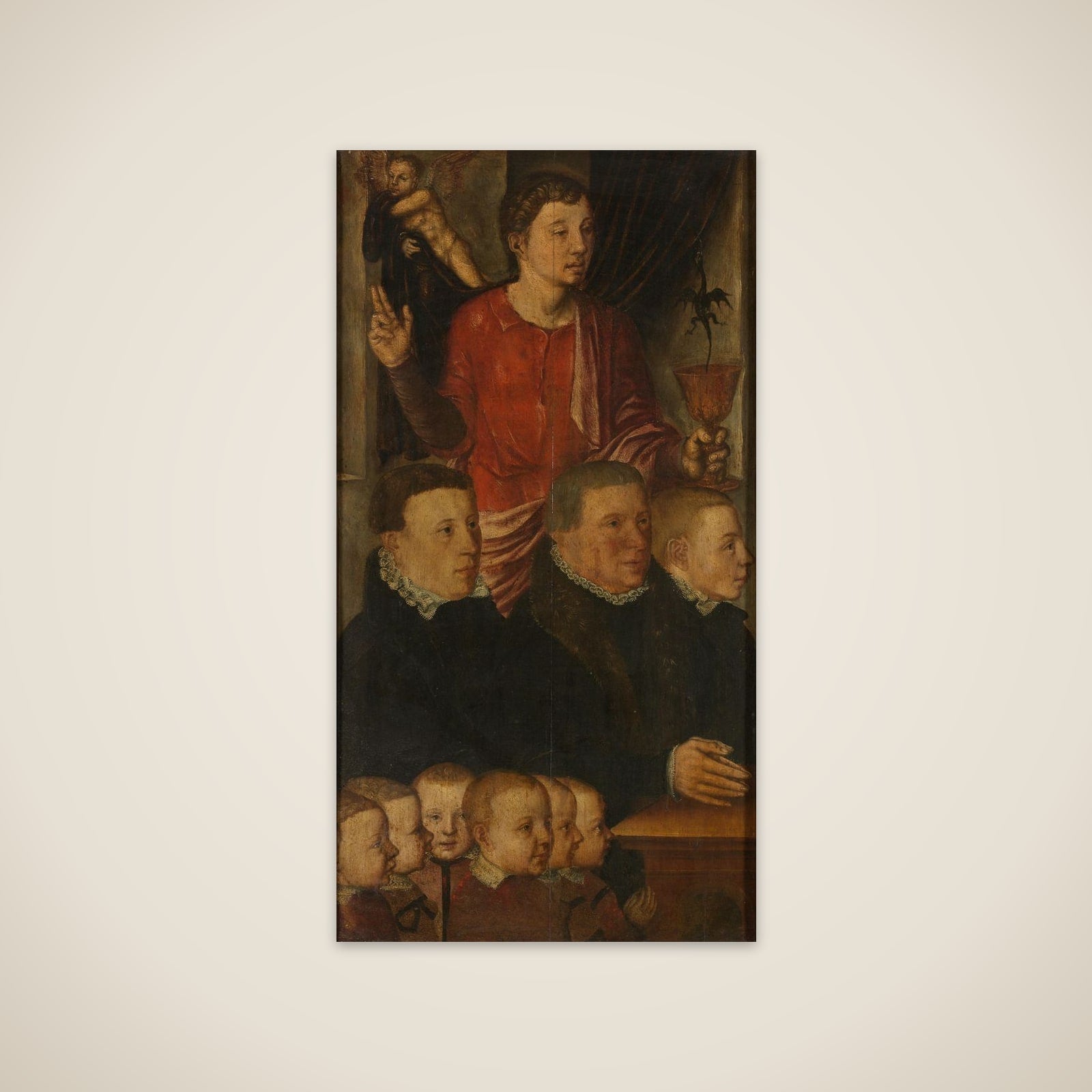 Left wing of a Memorial Triptych, formerly called the Gertz Memorial Triptych, with nine male Donor Portraits with Saint John the Evangelist (inner), and Saint Peter (outer) unframed print