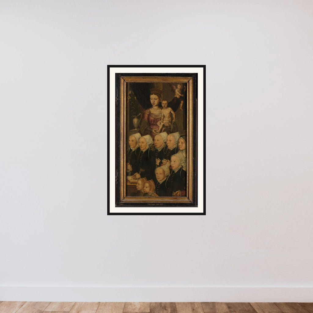 Right wing of a Memorial Triptych, formerly called the Gertz Memorial Triptych, with nine female Donor Portraits with the Virgin and Child (inner), and Saint Mary Magdalene (outer) framed — shown to scale