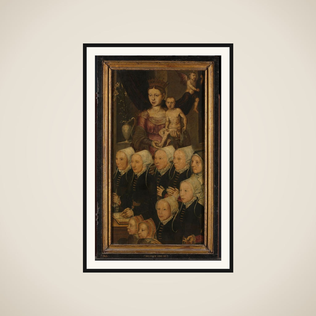 Right wing of a Memorial Triptych, formerly called the Gertz Memorial Triptych, with nine female Donor Portraits with the Virgin and Child (inner), and Saint Mary Magdalene (outer) framed