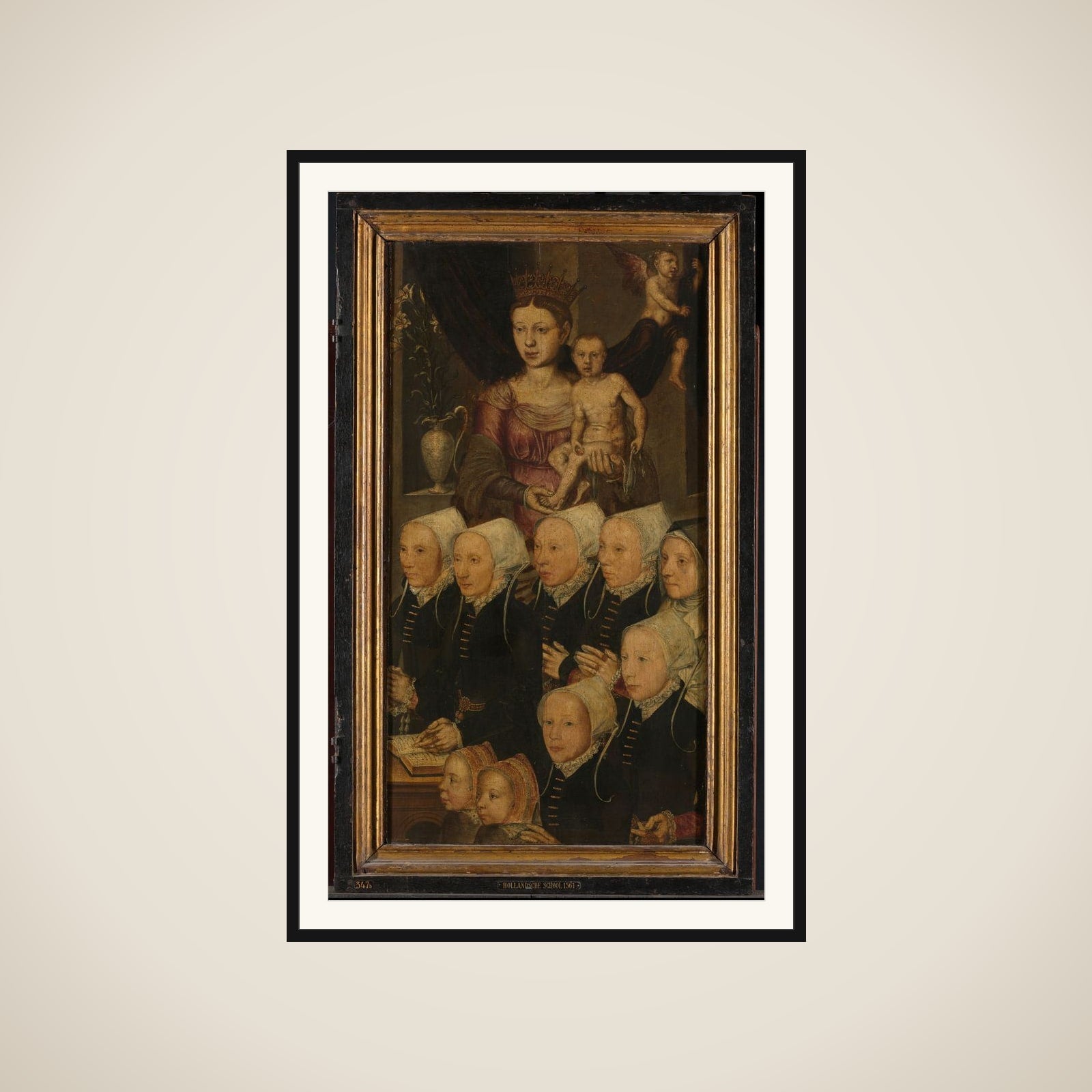Right wing of a Memorial Triptych, formerly called the Gertz Memorial Triptych, with nine female Donor Portraits with the Virgin and Child (inner), and Saint Mary Magdalene (outer) framed
