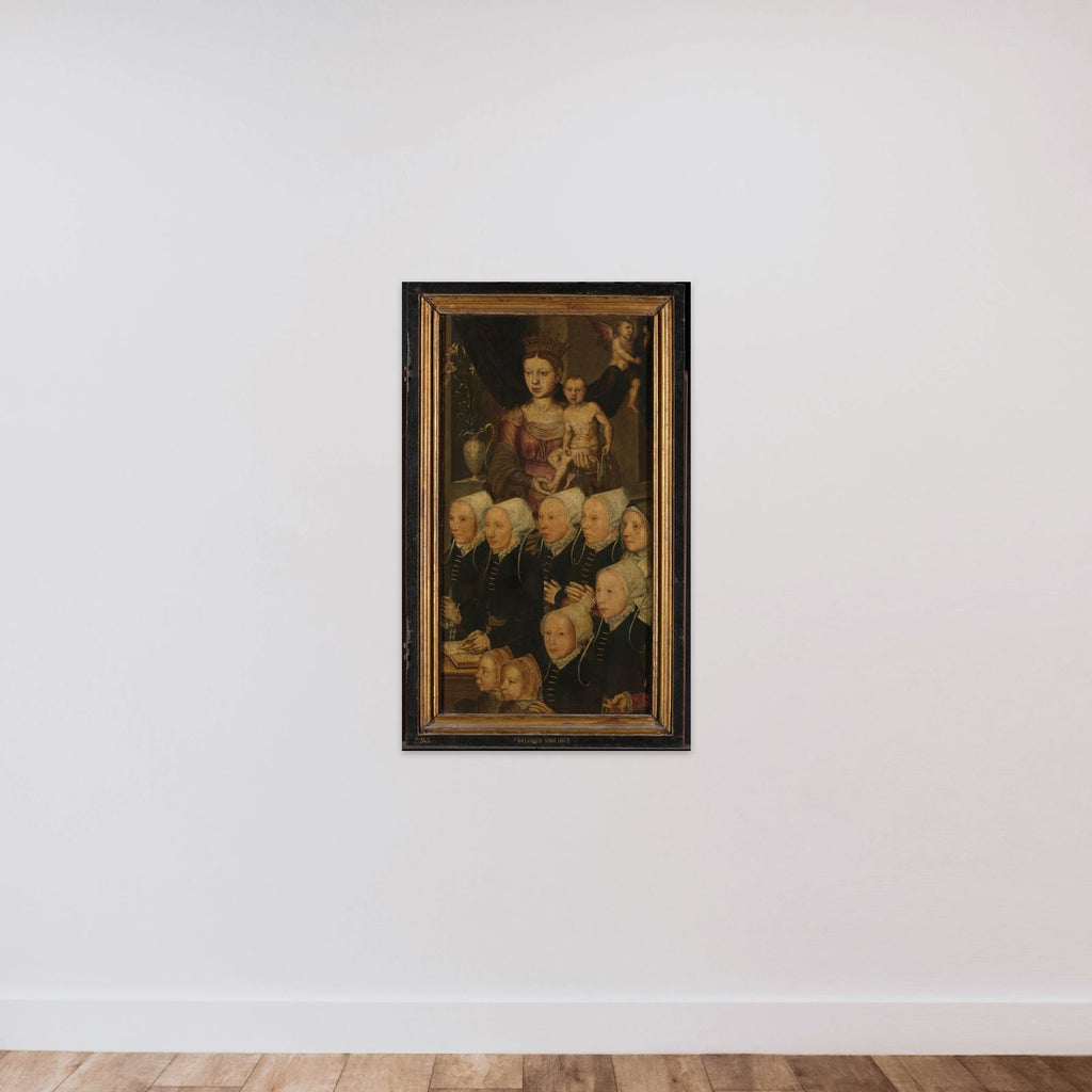 Right wing of a Memorial Triptych, formerly called the Gertz Memorial Triptych, with nine female Donor Portraits with the Virgin and Child (inner), and Saint Mary Magdalene (outer) unframed — shown to scale