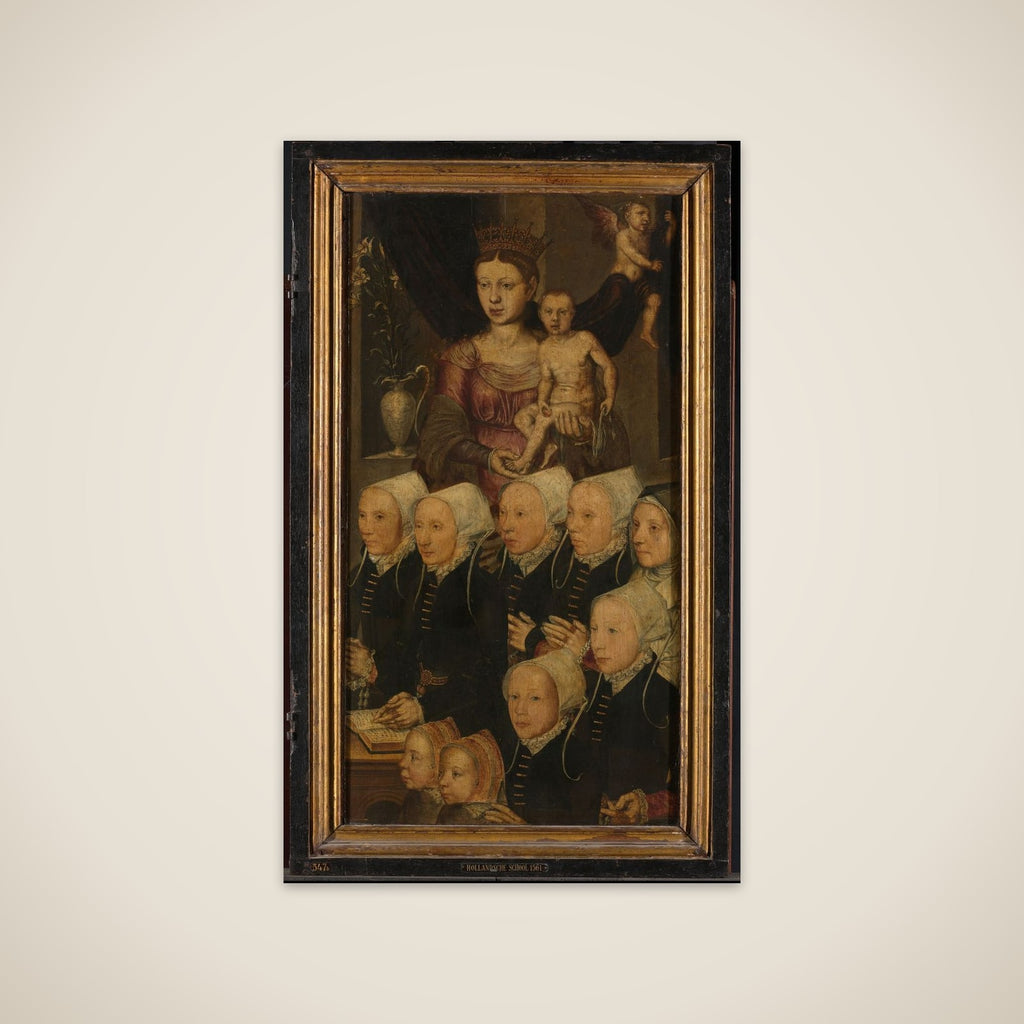 Right wing of a Memorial Triptych, formerly called the Gertz Memorial Triptych, with nine female Donor Portraits with the Virgin and Child (inner), and Saint Mary Magdalene (outer) unframed print