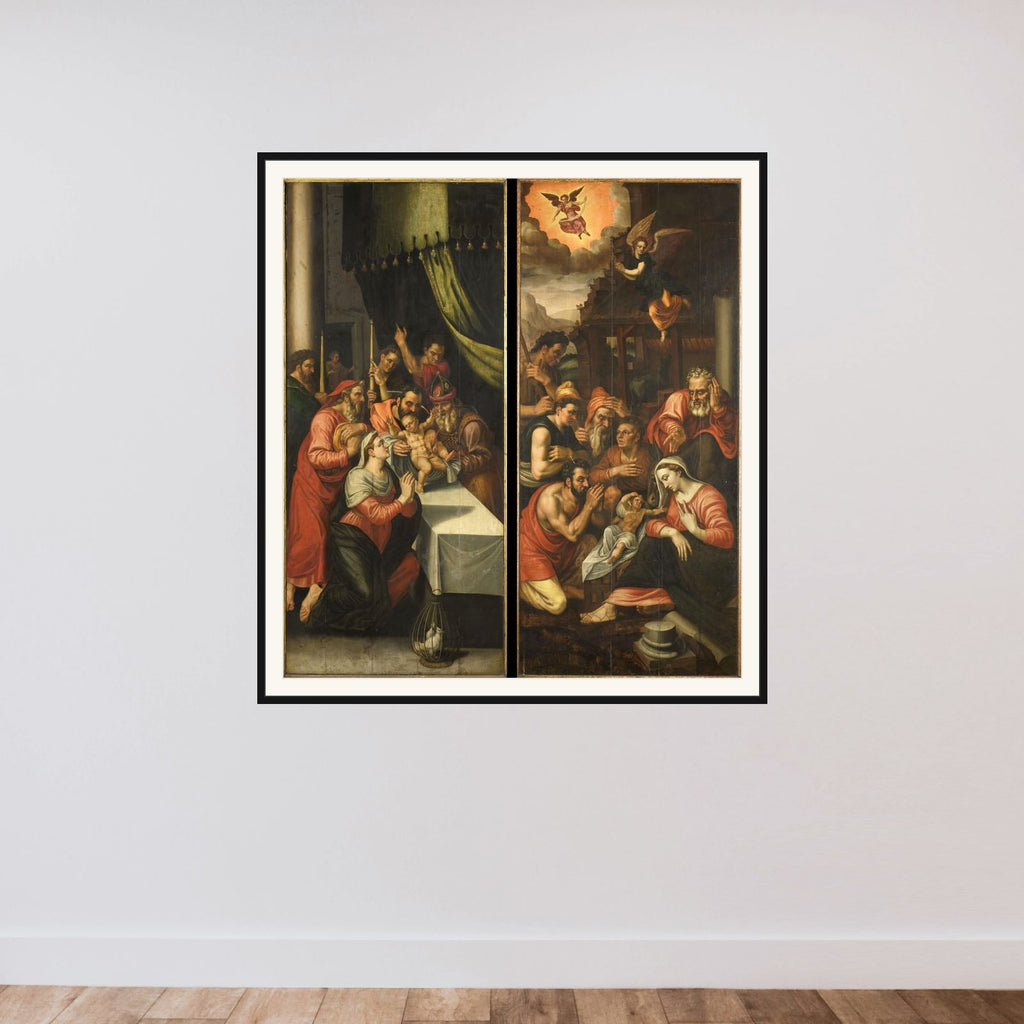 Altarpiece Wing with the Adoration of the Shepherds. On the outside are Six Kneeling Noblemen in Armor framed — shown to scale