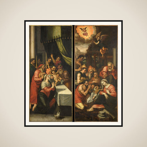 Altarpiece Wing with the Adoration of the Shepherds. On the outside are Six Kneeling Noblemen in Armor framed