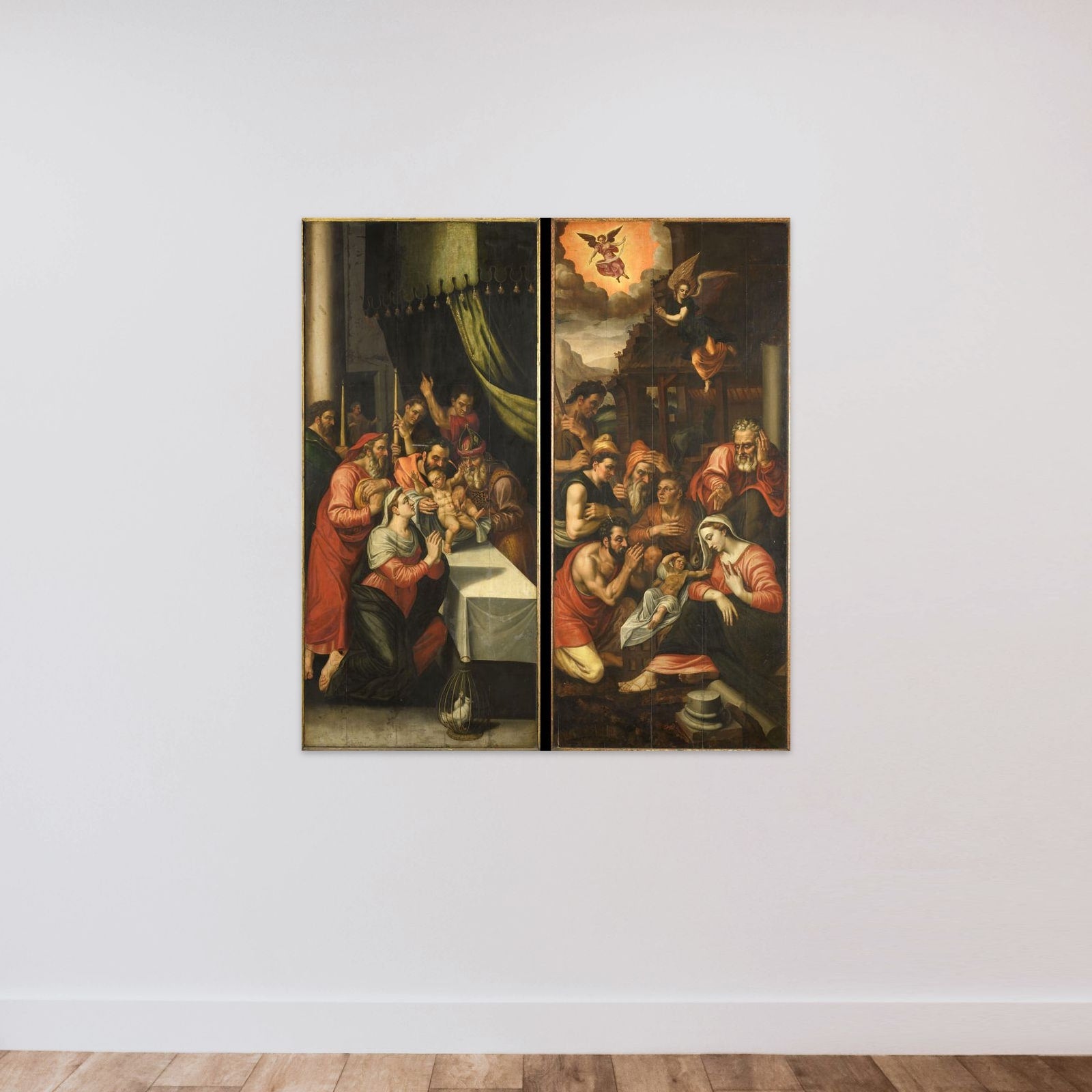 Altarpiece Wing with the Adoration of the Shepherds. On the outside are Six Kneeling Noblemen in Armor unframed — shown to scale