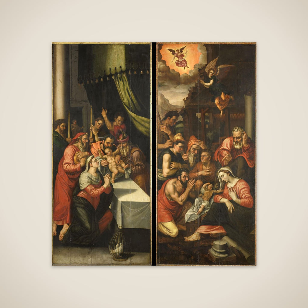Altarpiece Wing with the Adoration of the Shepherds. On the outside are Six Kneeling Noblemen in Armor unframed print