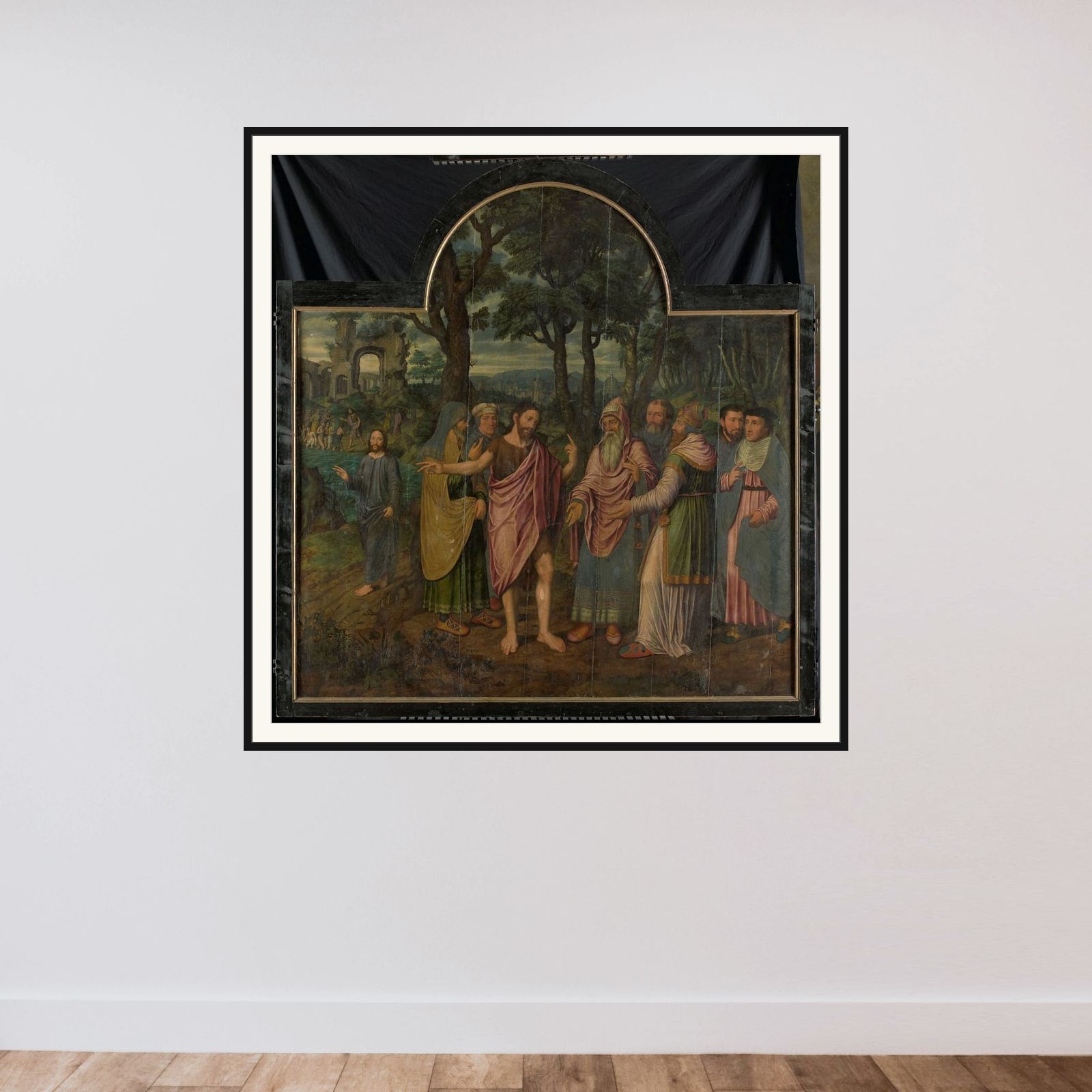 Johannes de Doper vermaant de Farizeeërs, middenpaneel van een drieluik framed — shown to scale