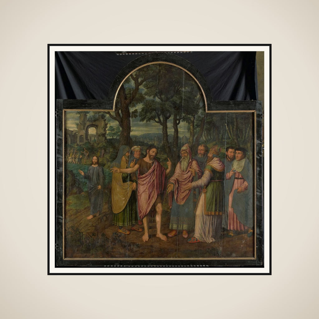 Johannes de Doper vermaant de Farizeeërs, middenpaneel van een drieluik framed
