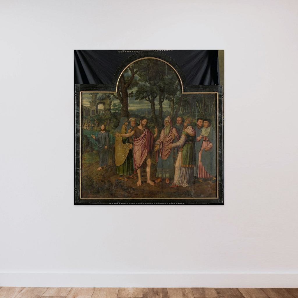 Johannes de Doper vermaant de Farizeeërs, middenpaneel van een drieluik unframed — shown to scale