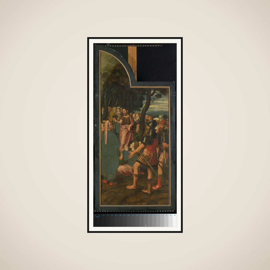 De prediking van Johannes de Doper, linkerpaneel van een drieluik framed