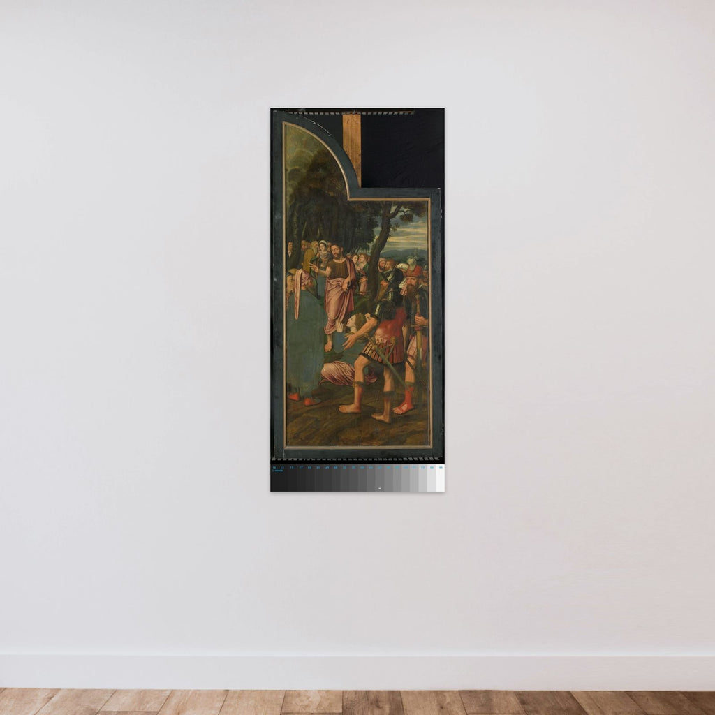De prediking van Johannes de Doper, linkerpaneel van een drieluik unframed — shown to scale