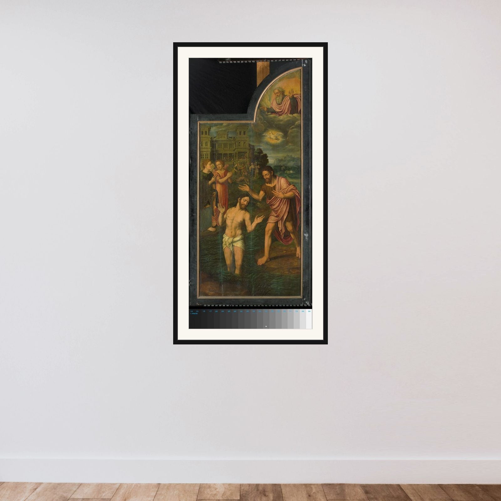 De doop van Christus in de Jordaan, rechter paneel van een drieluik framed — shown to scale