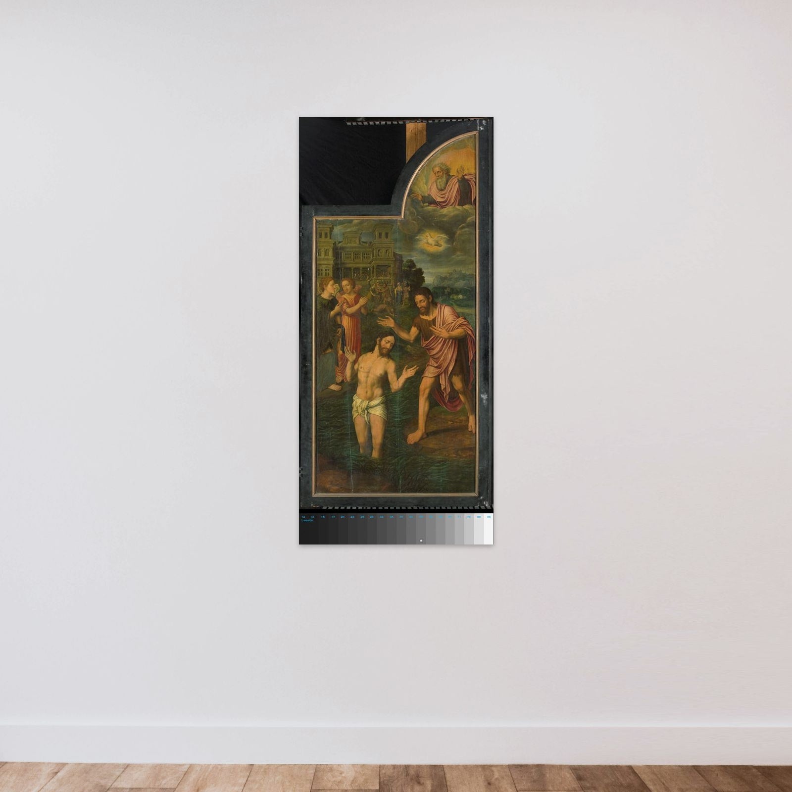 De doop van Christus in de Jordaan, rechter paneel van een drieluik unframed — shown to scale