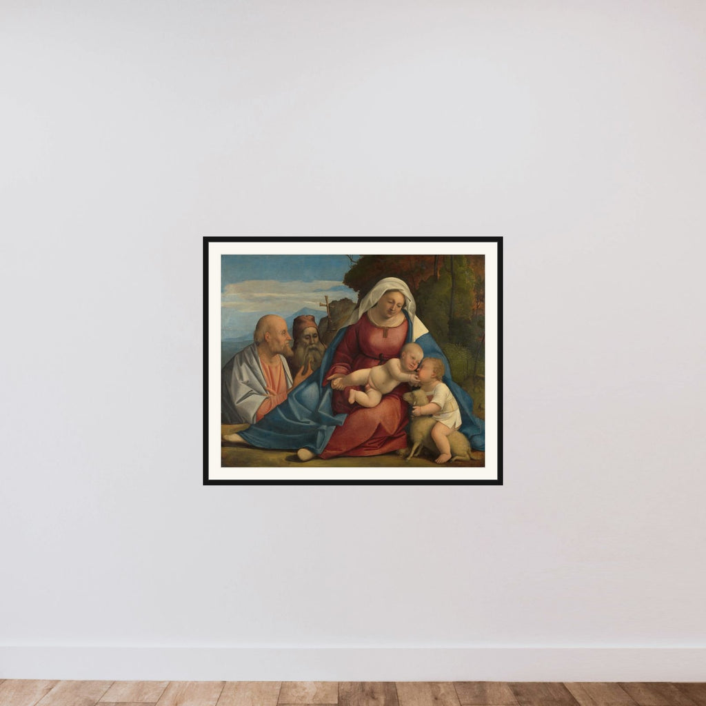 Madonna and Child with the Infant John the Baptist and Saints Peter and Anthony framed — shown to scale