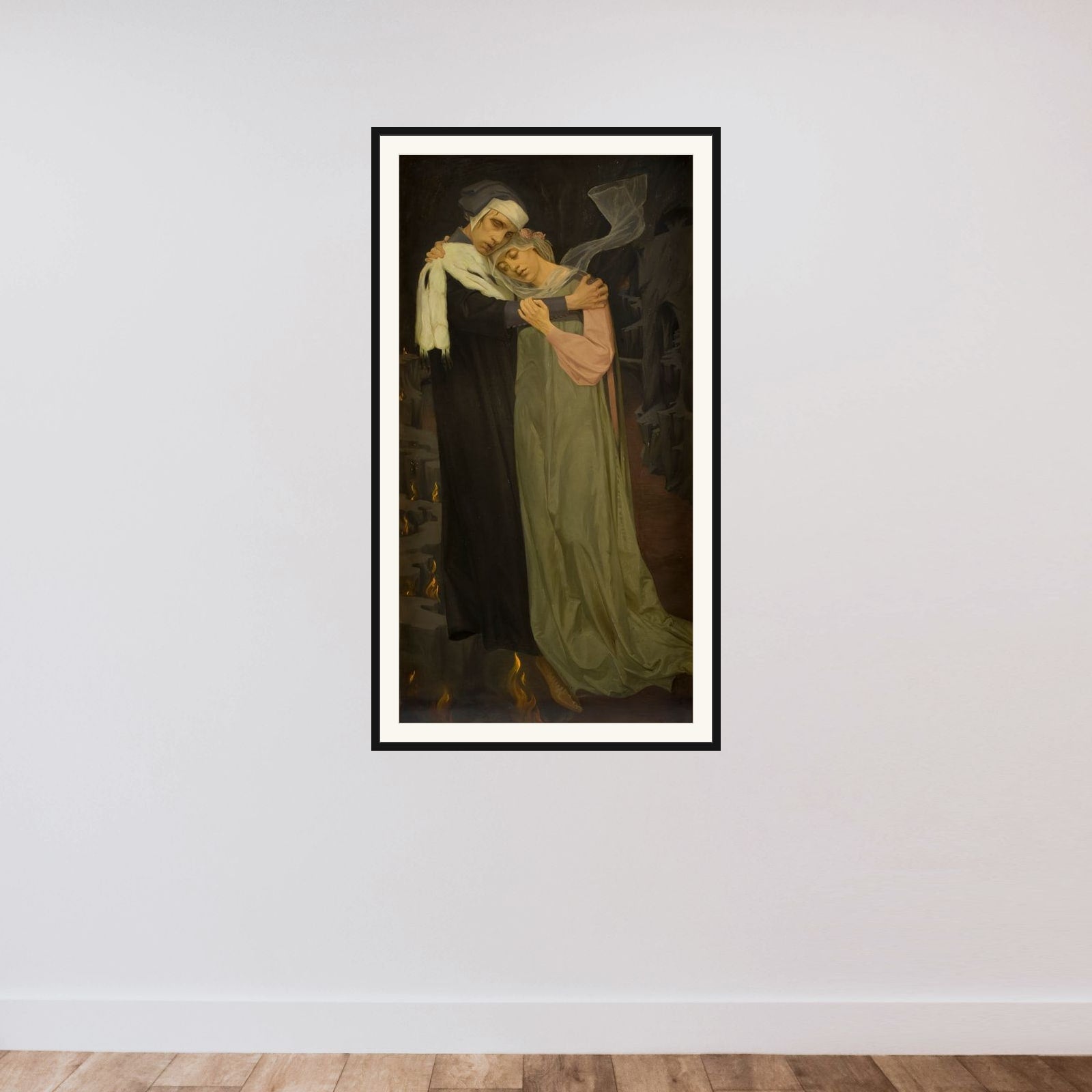 Paolo og Francesca framed — shown to scale