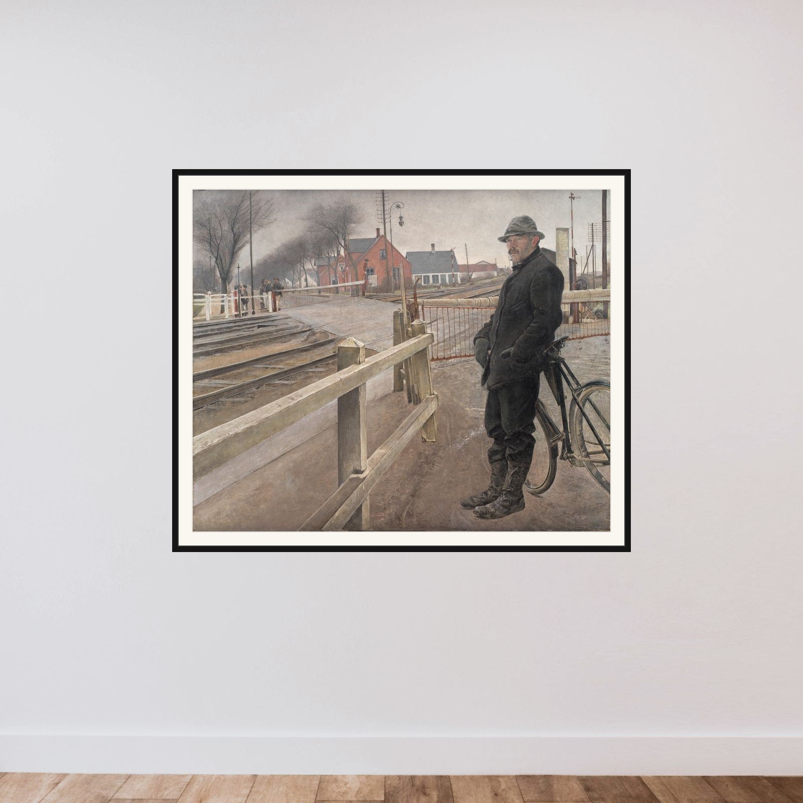 Når toget ventes. Jernbaneoverkørsel ved Roskilde Landevej framed — shown to scale