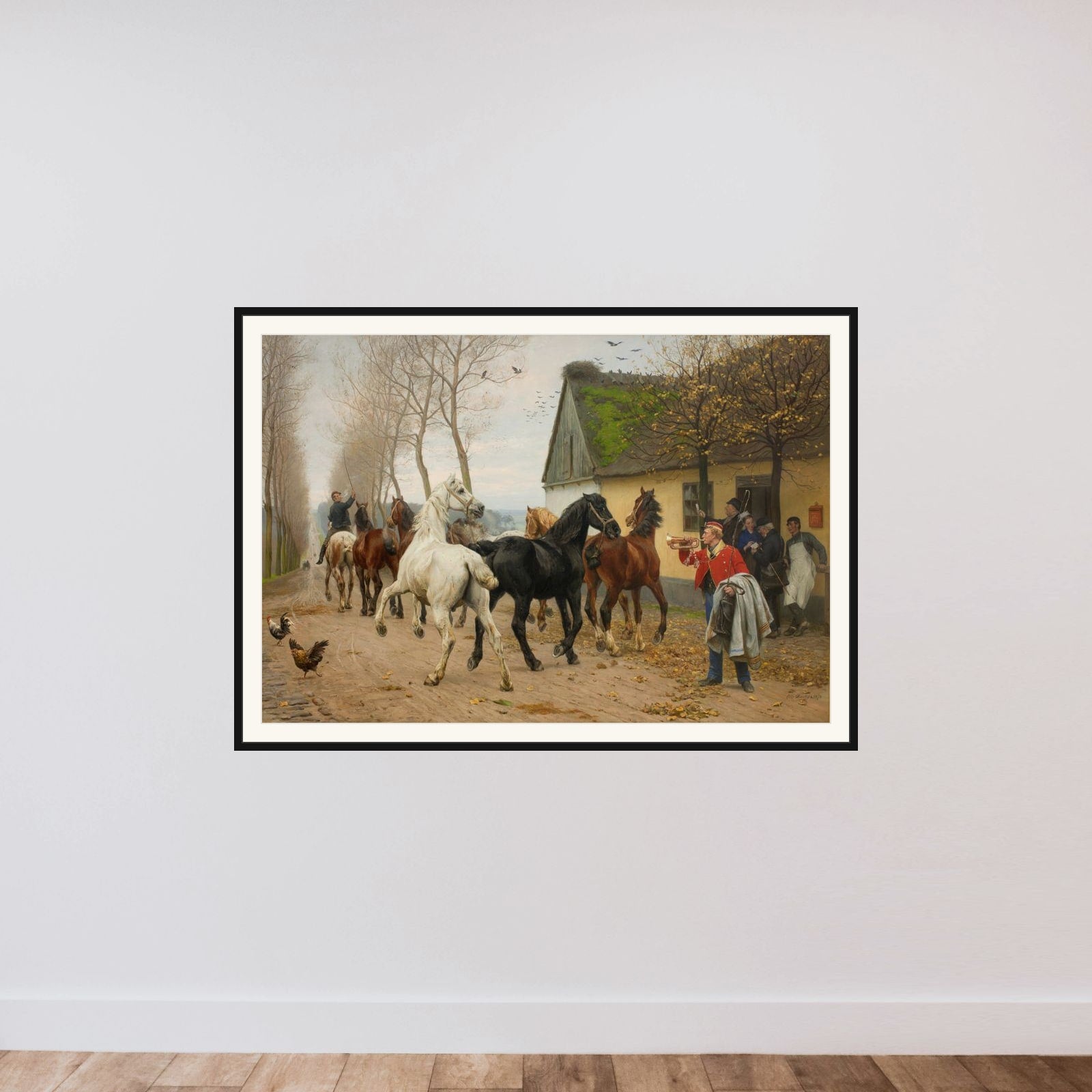 Et kobbel heste uden for en kro framed — shown to scale