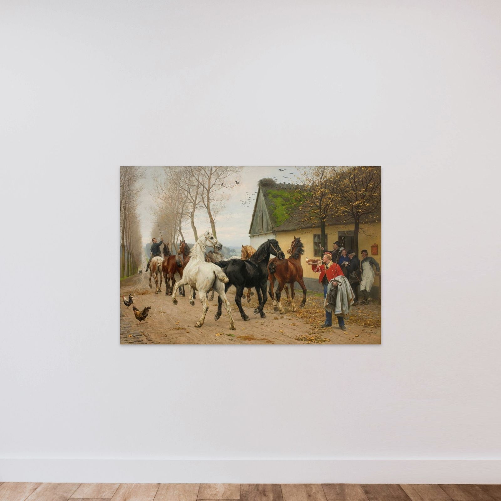 Et kobbel heste uden for en kro unframed — shown to scale