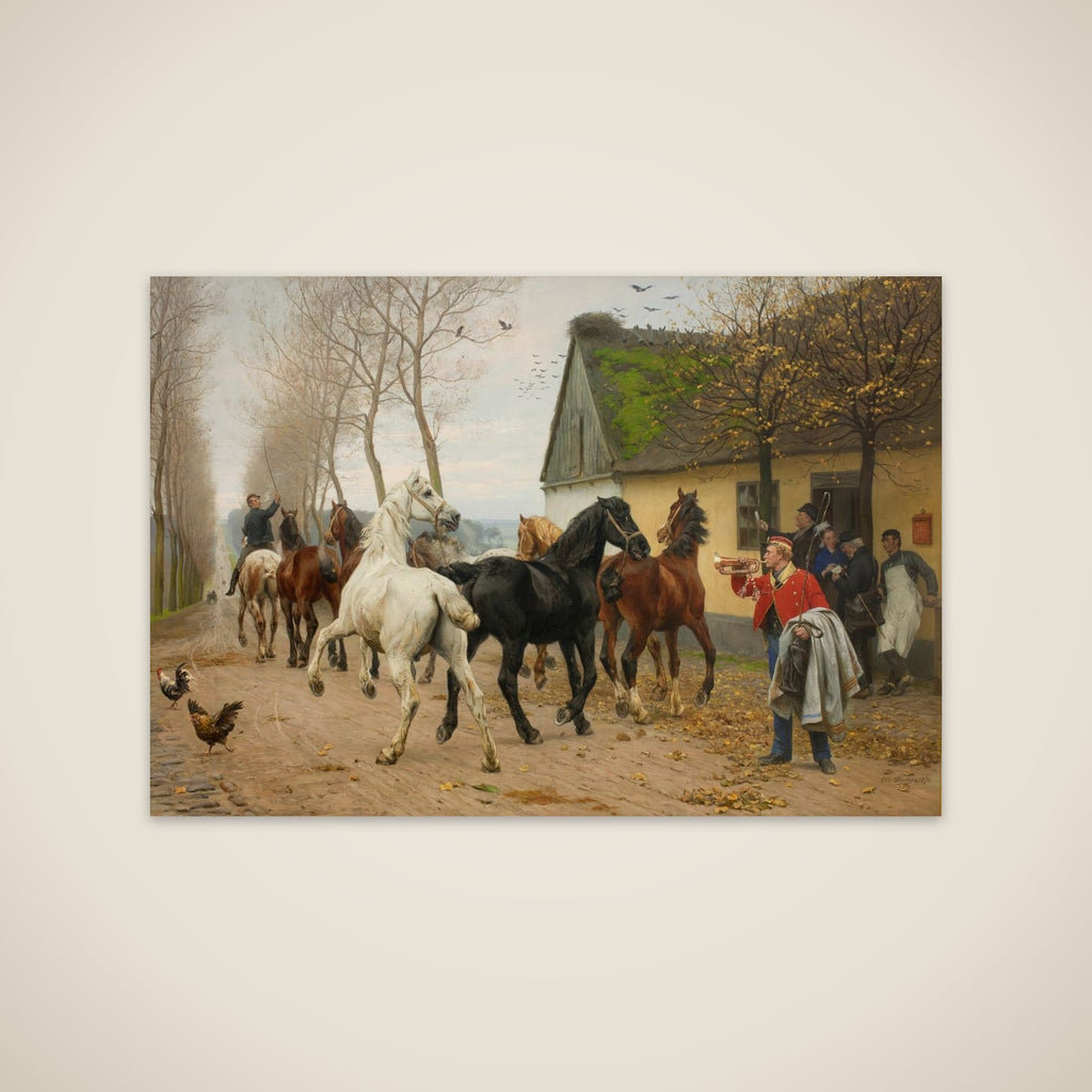 Et kobbel heste uden for en kro unframed print