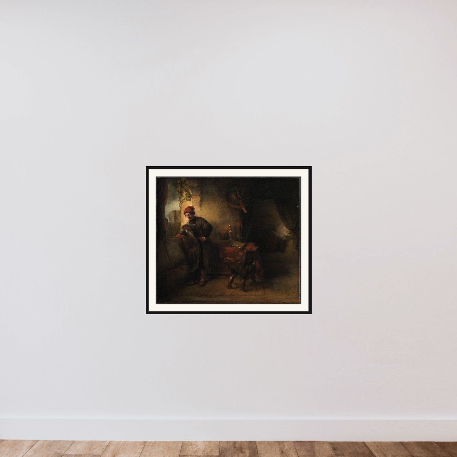 Læsende ung mand ved vinduet i sit studerkammer, kaldet "Studenten" framed — shown to scale