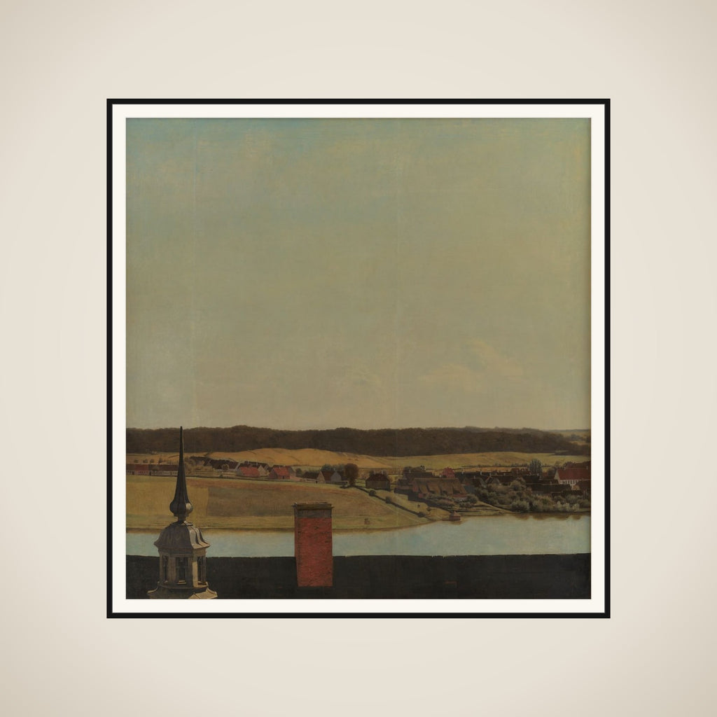 Tagryggen over Frederiksborg Slot med udsigt over sø, by og skov framed