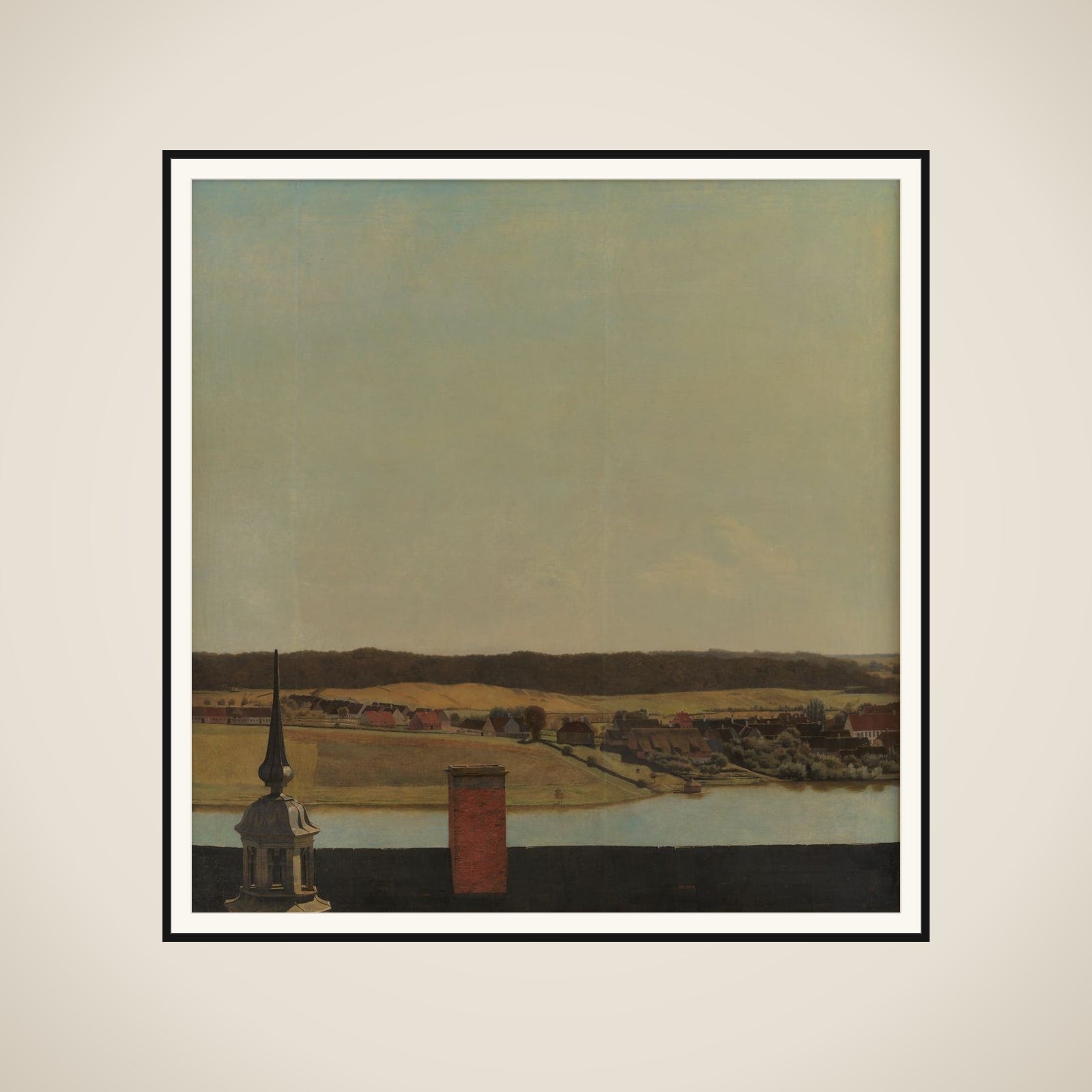 Tagryggen over Frederiksborg Slot med udsigt over sø, by og skov framed