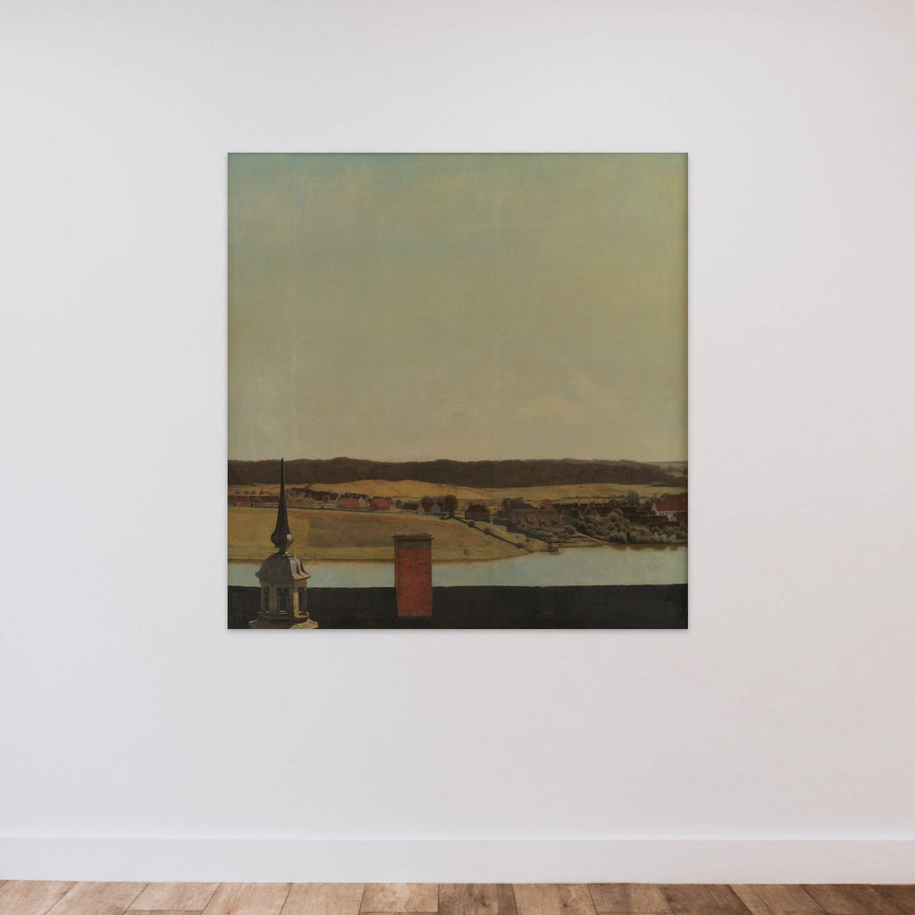 Tagryggen over Frederiksborg Slot med udsigt over sø, by og skov unframed — shown to scale