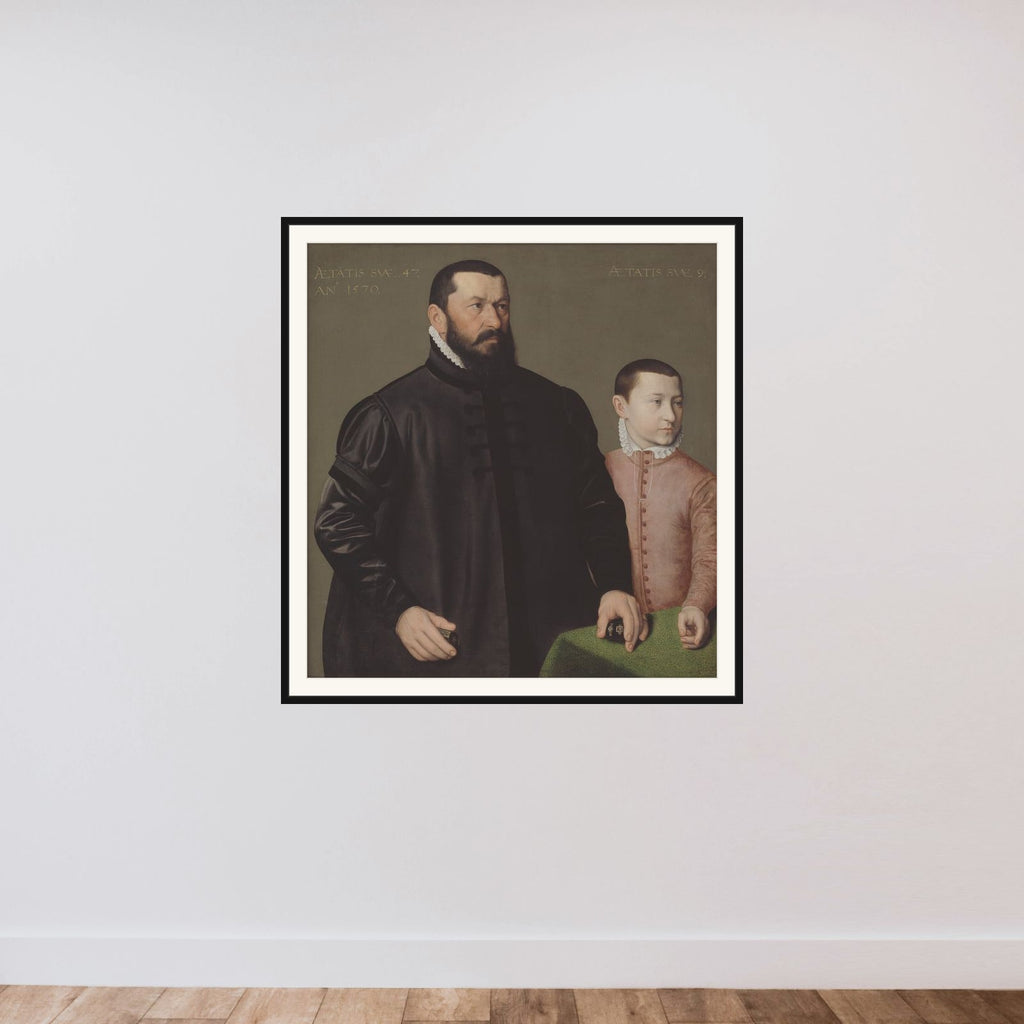 Portræt af nürnberger guldsmeden Hans Lencker (1523-1585) og hans 9-årige søn Elisius den yngre framed — shown to scale