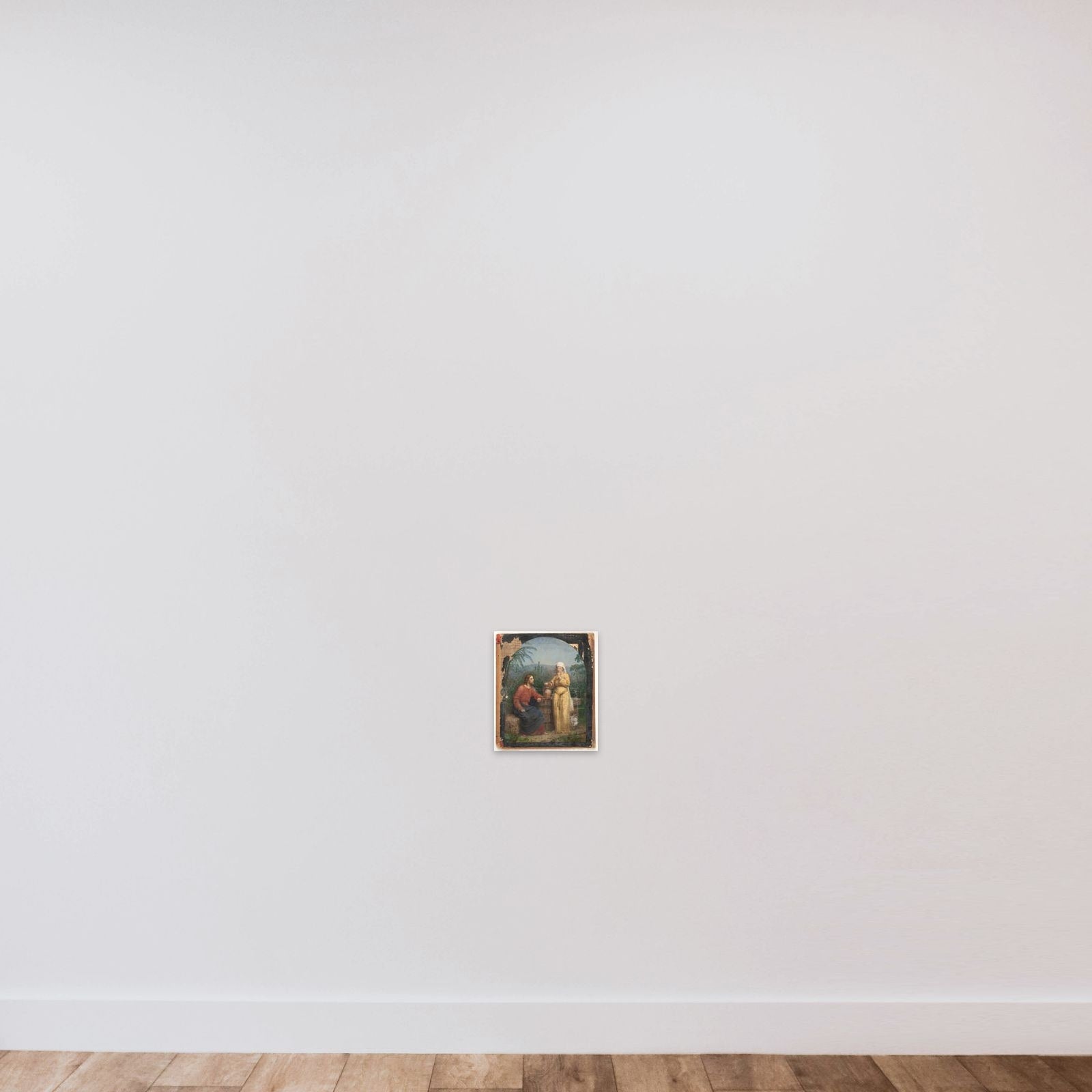 Olieskitse til Jesus og Samaritanerinden ved brønden unframed — shown to scale