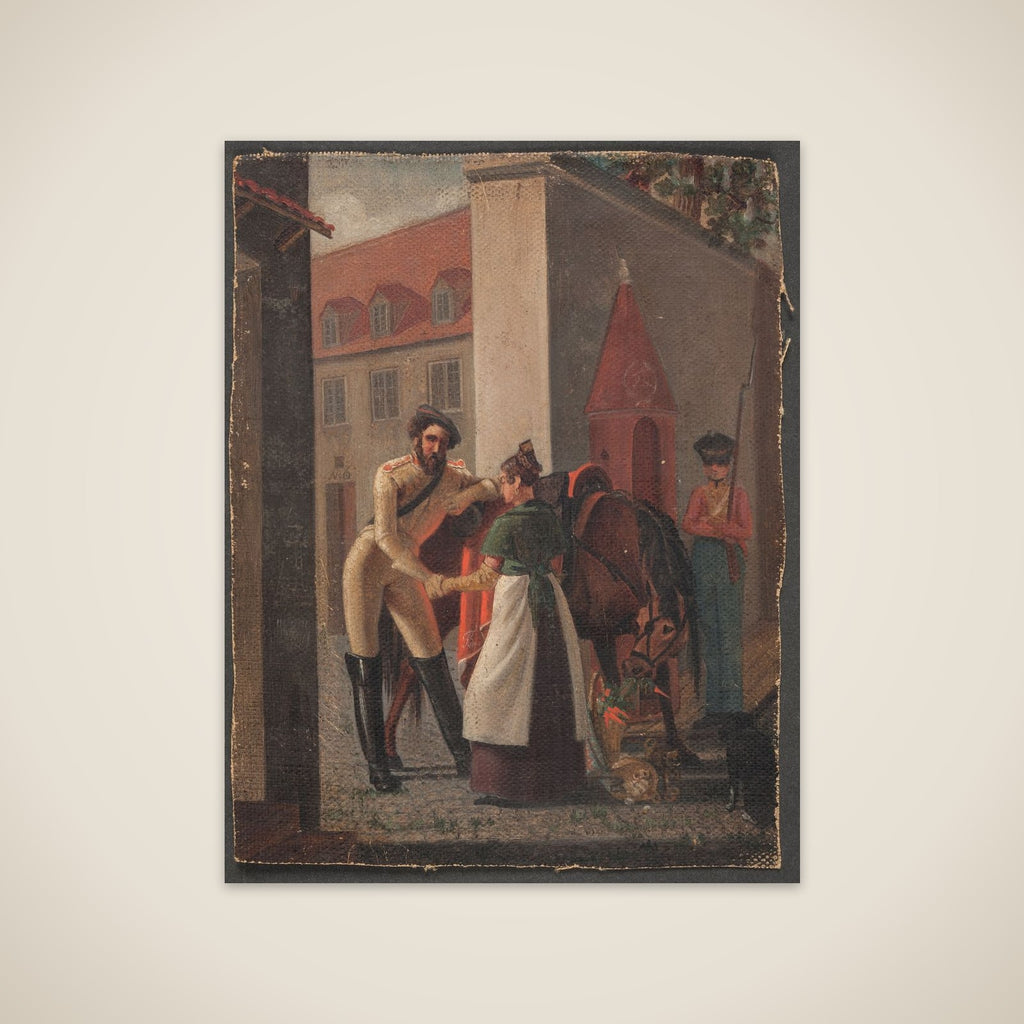 Gadescene. En kavalerist tager afsked med en pige unframed print