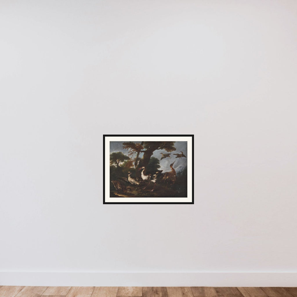 Landskab med fugle framed — shown to scale
