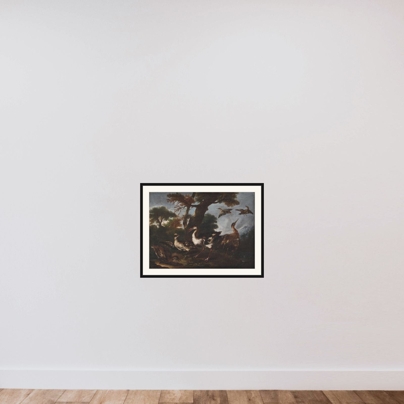 Landskab med fugle framed — shown to scale