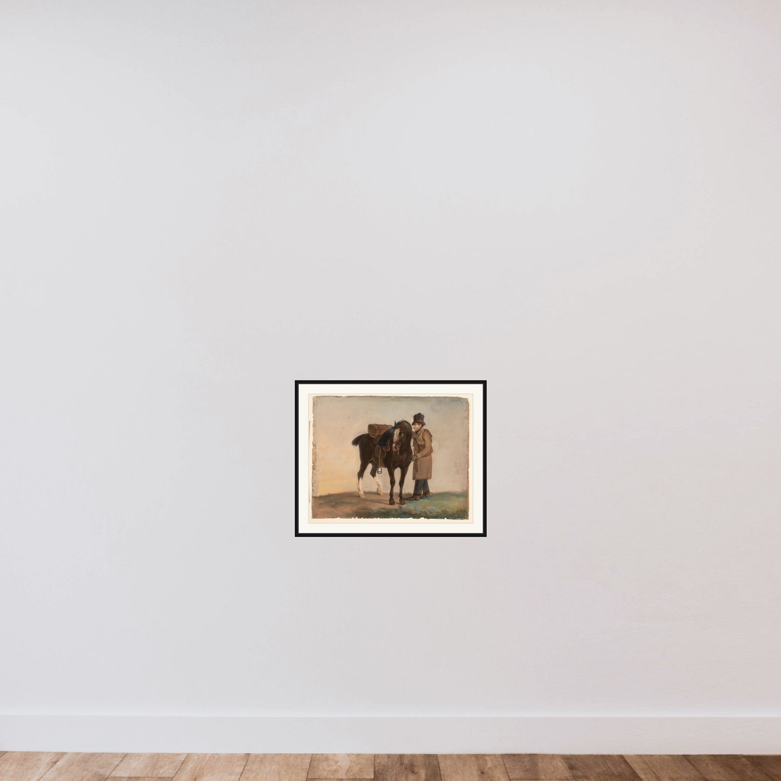 Opsadlet hest med rytter framed — shown to scale