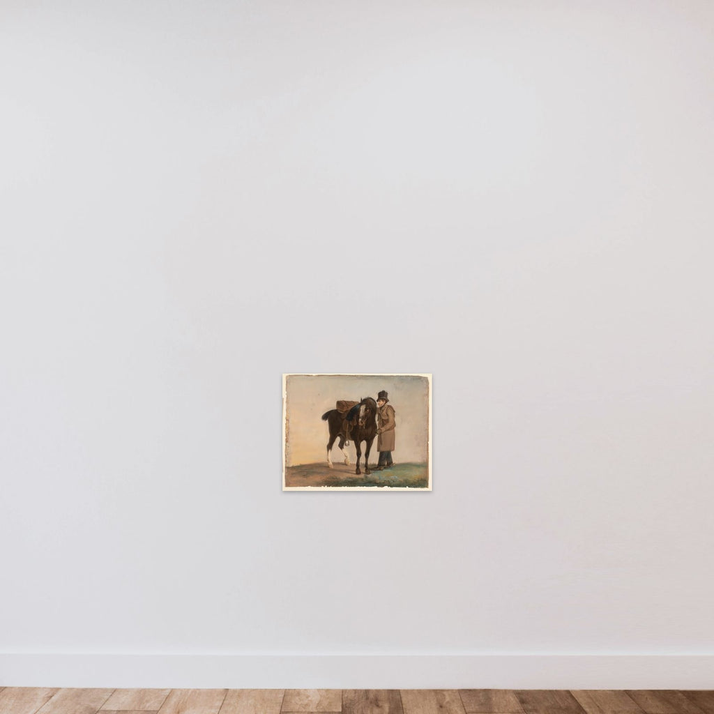 Opsadlet hest med rytter unframed — shown to scale