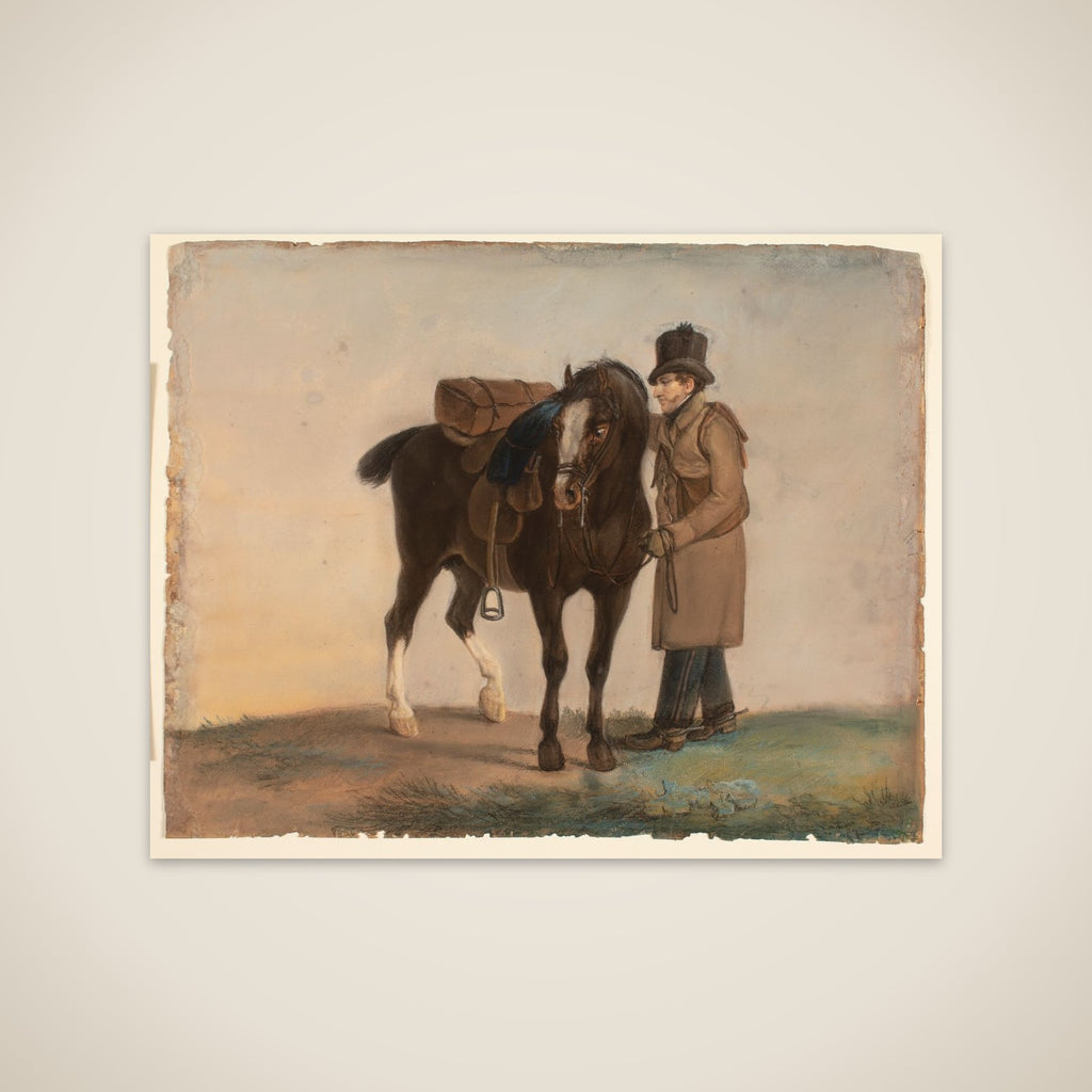 Opsadlet hest med rytter unframed print