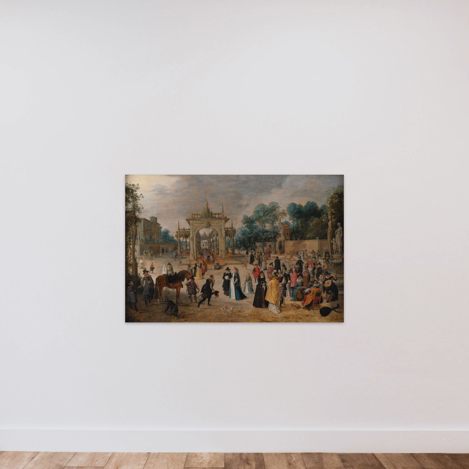 Selskab ved en italiensk villa unframed — shown to scale