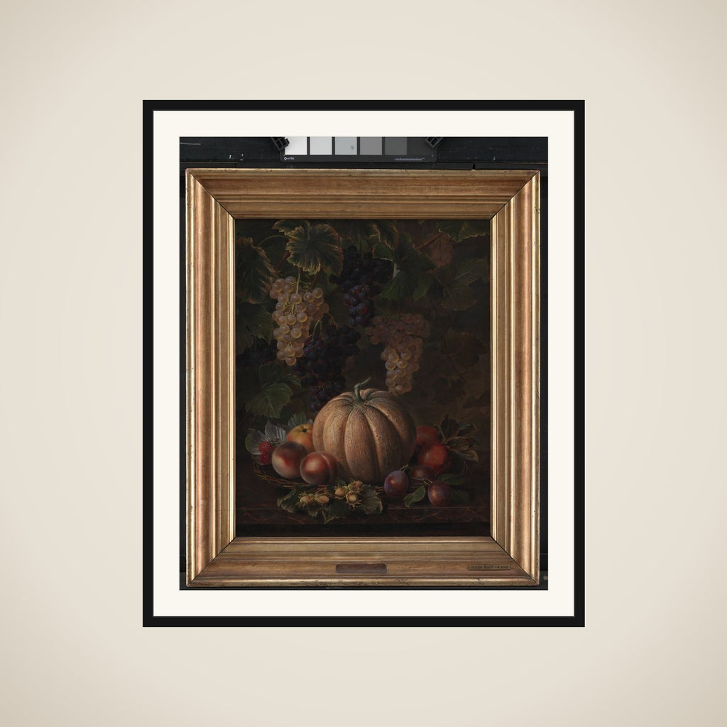 Forskellige frugter, blandt andet melon og vindruer framed